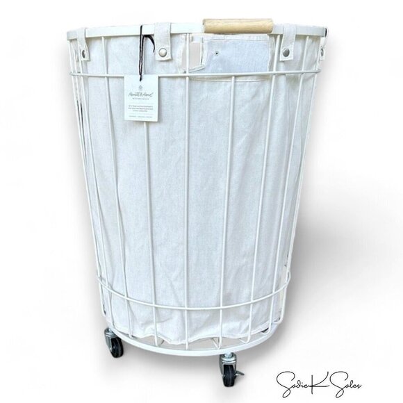 Hearth & Hand Magnolia 24" Large Wire & Fabric Laundry Hamper Wheels Sour Cream - Picture 6 of 7